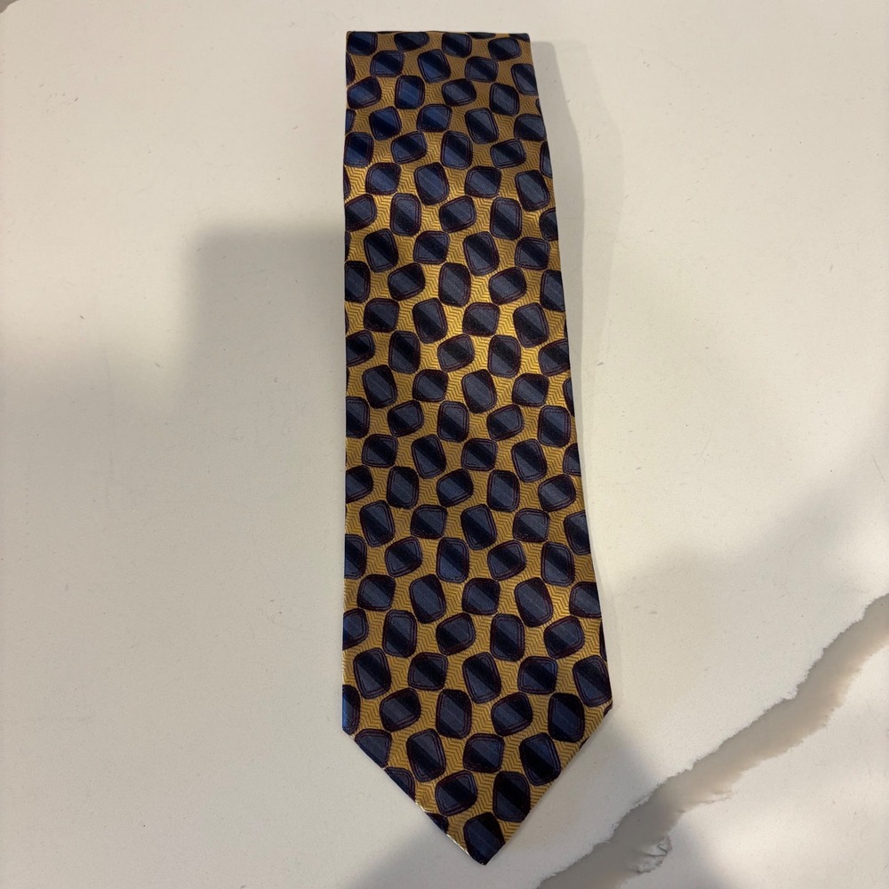 Hickey Freeman Customized Mens Silk Tie Gold Blue Geometric Made in Italy